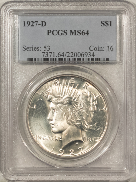 Peace Dollars 1927-D $1 PEACE DOLLAR – PCGS MS-64, BLAST WHITE & LUSTROUS!