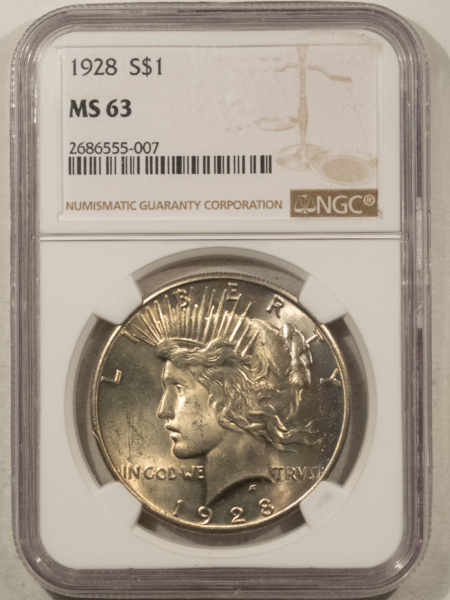 Dollars 1928 $1 PEACE DOLLAR – NGC MS-63, ORIGINAL AND CHOICE! KEY-DATE!