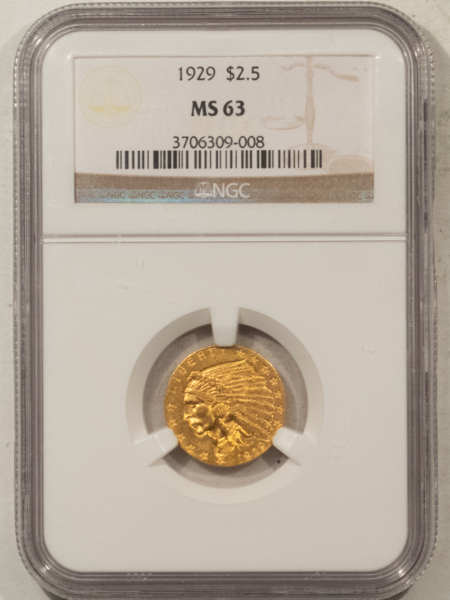 $2.50 1929 $2.50 INDIAN GOLD QUARTER EAGLE – NGC MS-63, FINAL YEAR OF ISSUE!