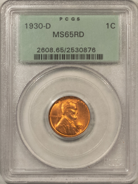 Lincoln Cents (Wheat) 1930-D LINCOLN CENT – PCGS MS-65 RD, OLD GREEN HOLDER, PREMIUM QUALITY & FIERY!
