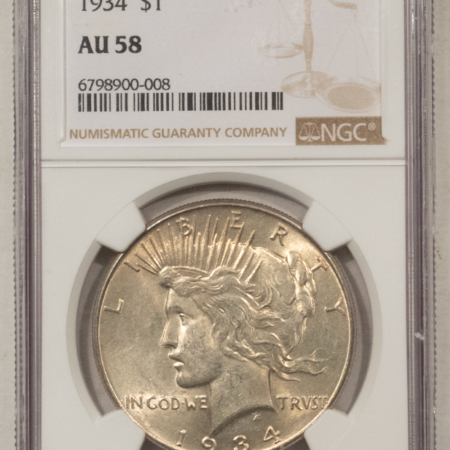 Dollars 1934 $1 PEACE DOLLAR – NGC AU-58, NICE ORIGINAL!