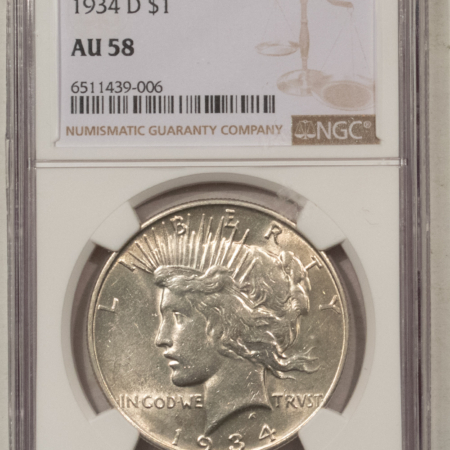 Dollars 1934-D $1 PEACE DOLLAR – NGC AU-58, VIRTUALLY UNCIRCULATED!