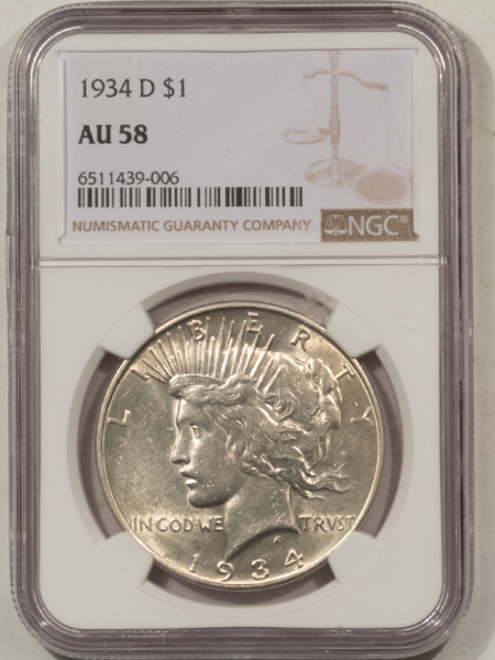 Dollars 1934-D $1 PEACE DOLLAR – NGC AU-58, VIRTUALLY UNCIRCULATED!