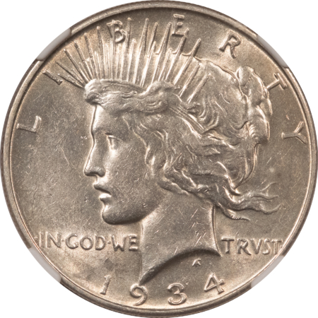 Dollars 1934-D $1 PEACE DOLLAR – NGC AU-58, VIRTUALLY UNCIRCULATED!