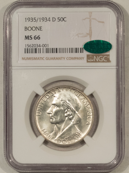CAC Approved Coins 1935/1934-D BOONE COMMEMORATIVE HALF DOLLAR NGC MS-66 PQ, SUPERB, CAC APPROVED!