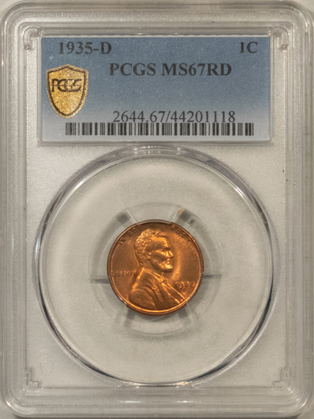 Lincoln Cents (Wheat) 1935-D LINCOLN CENT – PCGS MS-67 RD, REALLY TOUGH! PREMIUM QUALITY!