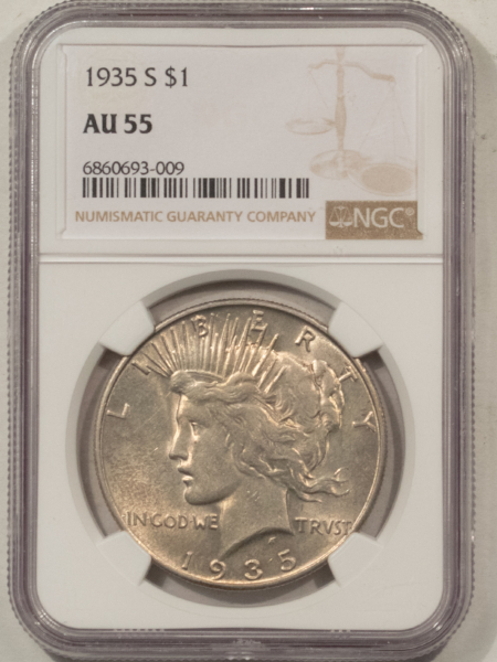 Dollars 1935-S $1 PEACE DOLLAR – NGC AU-55, NICE ORIGINAL!