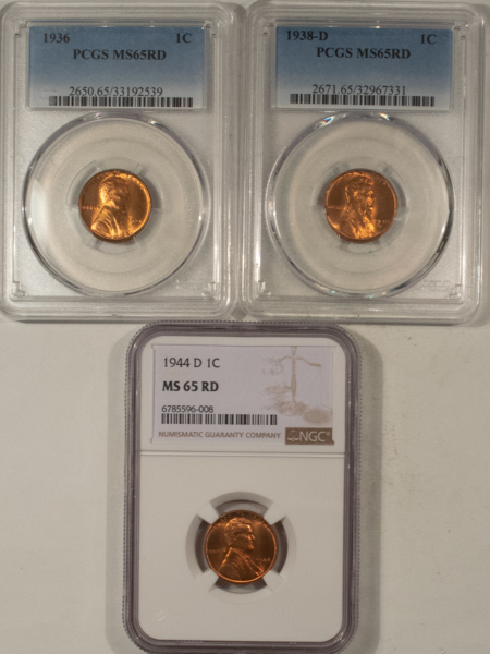 Lincoln Cents (Wheat) 1936, 1938-D, 1944-D LINCOLN CENTS LOT OF 3 – PCGS MS-65RD, MS-65RD, NGC MS-65RD
