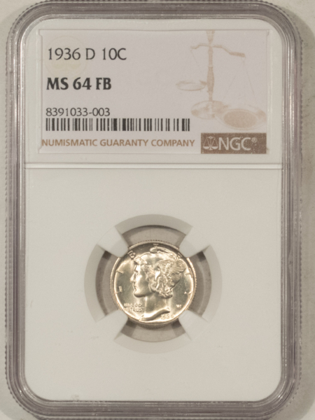 Dimes 1936-D MERCURY DIME – NGC MS-64 FB, FRESH WHITE