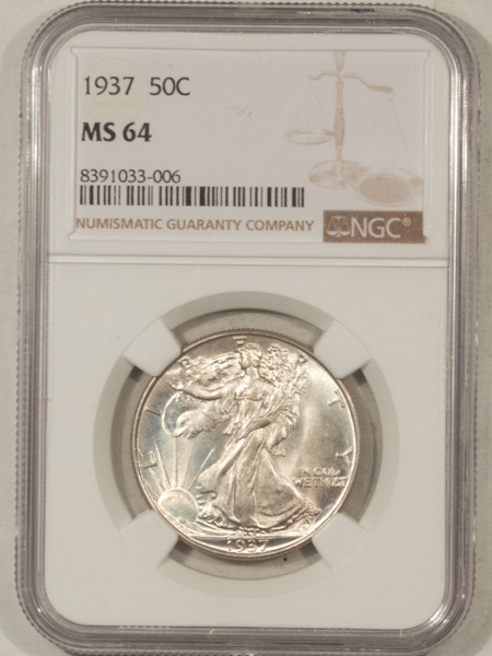 Half Dollars 1937 WALKING LIBERTY HALF DOLLAR – NGC MS-64, PQ & LOOKS GEM!