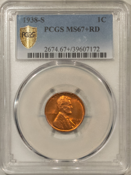 Lincoln Cents (Wheat) 1938-S LINCOLN CENT – PCGS MS-67+RD, PREMIUM QUALITY!