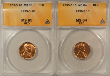 Lincoln Cents (Wheat) 1939-D, 1939-S LINCOLN CENTS, LOT OF 2 – ANACS MS-65 RD & MS-65 RD
