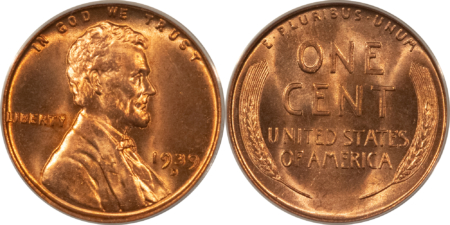 Lincoln Cents (Wheat) 1939-D, 1939-S LINCOLN CENTS, LOT OF 2 – ANACS MS-65 RD & MS-65 RD
