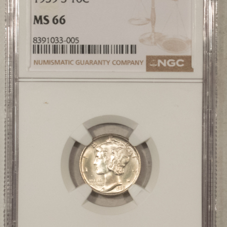 Dimes 1939-S MERCURY DIME – NGC MS-66, NEARLY FULL BANDS, TOUGH!