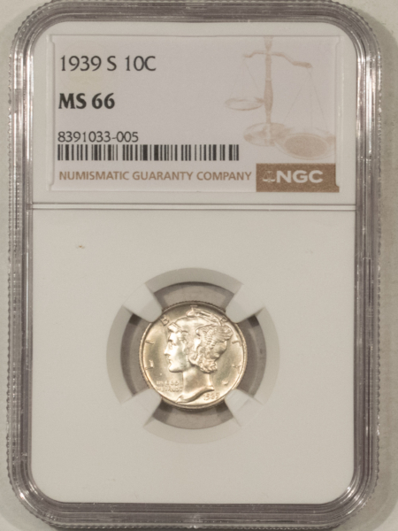 Dimes 1939-S MERCURY DIME – NGC MS-66, NEARLY FULL BANDS, TOUGH!