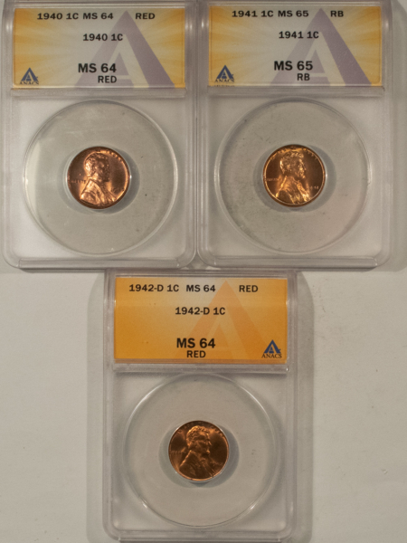 Lincoln Cents (Wheat) 1940, 1941, 1942-D LINCOLN CENTS, LOT OF 3 – ANACS MS-64 RD, MS-65 RB, MS-64 RD