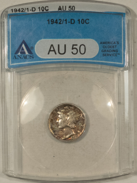 Dimes 1942/1-D MERCURY DIME – ANACS AU-50, KEY-DATE! PRETTY!