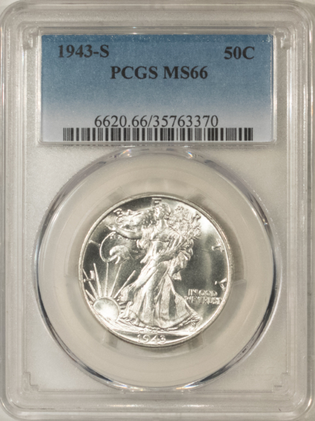 Half Dollars 1943-S LIBERTY WALKING HALF DOLLAR – PCGS MS-66, HEADLIGHT! PREMIUM QUALITY!