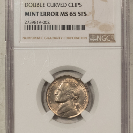 Jefferson Nickels 1945 JEFFERSON SILVER WAR NICKEL, MINT ERROR! DOUBLED CURVED CLIPS NGC MS-65 5FS