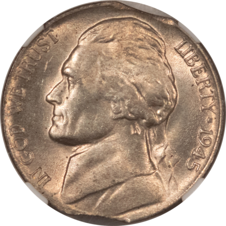 Jefferson Nickels 1945 JEFFERSON SILVER WAR NICKEL, MINT ERROR! DOUBLED CURVED CLIPS NGC MS-65 5FS