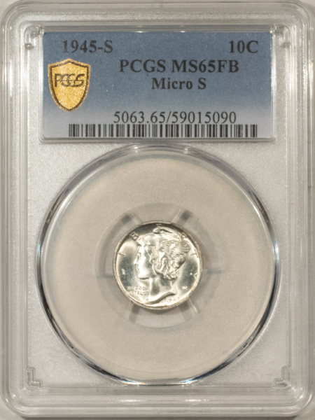 Dimes 1945-S MERCURY DIME, MICRO S – PCGS MS-65 FB, PREMIUM QUALITY BLAZER! LOOKS 66!