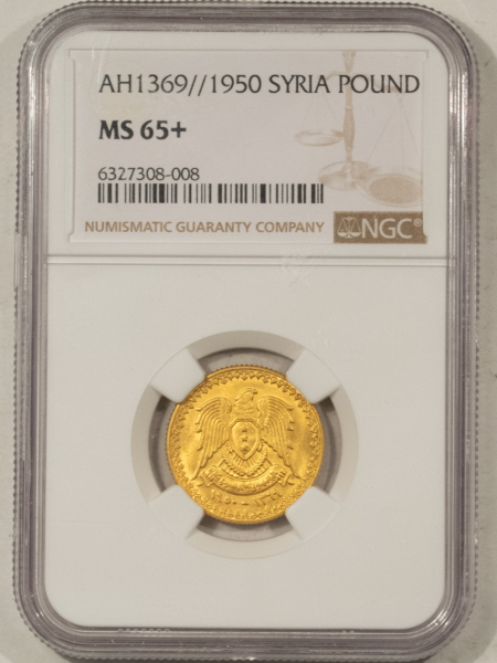 New Certified Coins 1950 AH1369 SYRIA GOLD ONE POUND .1956 AGW KM-86 – NGC MS-65+ SCARCE 1 YEAR TYPE