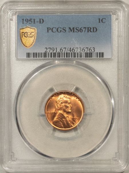 Lincoln Cents (Wheat) 1951-D LINCOLN CENT – PCGS MS-67 RD, SUPERB, LOOKS BETTER!