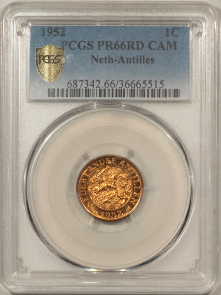 New Certified Coins 1952 PROOF NETHERLANDS-ANTILLES 1 CENT – PCGS PR-66 RD CAM, MINTAGE 100! KM-1