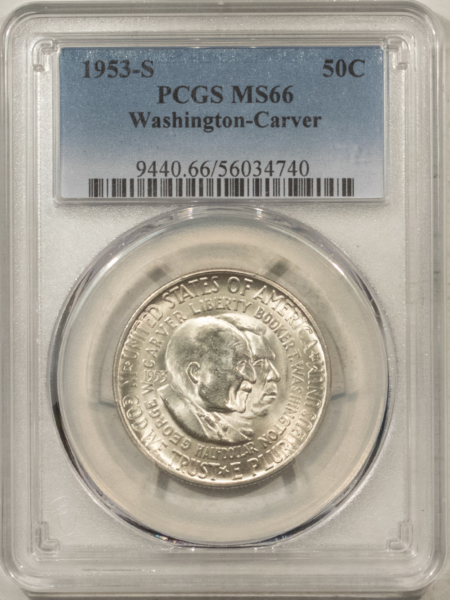 Early Commems 1953-S WASHINGTON-CARVER COMMEMORATIVE HALF DOLLAR PCGS MS-66 BLAZING WHITE, PQ!
