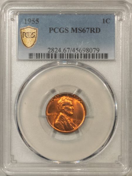 Lincoln Cents (Wheat) 1955 LINCOLN CENT – PCGS MS-67 RD, VERY TOUGH COIN!