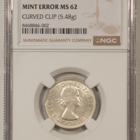 New Certified Coins 1961 AUSTRALIA SILVER 1 SHILLING MINT ERROR, CURVED CLIP (5.48G) – NGC MS-62