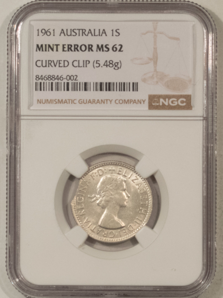 New Certified Coins 1961 AUSTRALIA SILVER 1 SHILLING MINT ERROR, CURVED CLIP (5.48G) – NGC MS-62