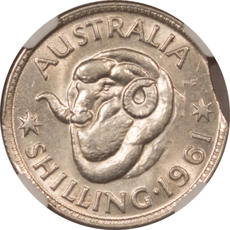 New Certified Coins 1961 AUSTRALIA SILVER 1 SHILLING MINT ERROR, CURVED CLIP (5.48G) – NGC MS-62