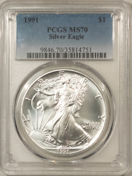 American Silver Eagles 1991 $1 1 OZ AMERICAN SILVER EAGLE – PCGS MS-70, WHITE & PRISTINE, PERFECT!