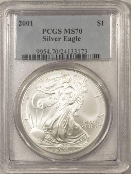 American Silver Eagles 2001 $1 1 OZ AMERICAN SILVER EAGLE – PCGS MS-70, TINY REVERSE GEM WHITE FLECKS!