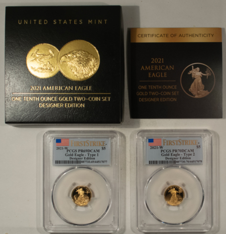 American Gold Eagles, Buffaloes, & Liberty Series 2021W TY 1&2 1/10 OZ $5 PROOF GOLD EAGLE DESIGNERS EDITION SET PCGS PR 69/70DCAM