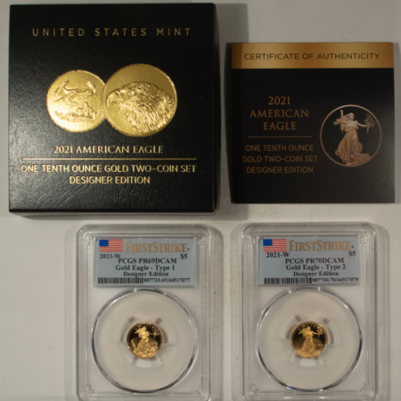 American Gold Eagles, Buffaloes, & Liberty Series 2021W TY 1&2 1/10 OZ $5 PROOF GOLD EAGLE DESIGNERS EDITION SET PCGS PR 69/70DCAM