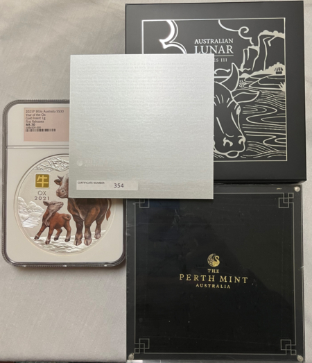 Bullion 2021P AUSTRALIA $30 LUNAR SILVER 1 KILO W 1G GOLD PRIVY YEAR OF OX NGC MS70 RARE