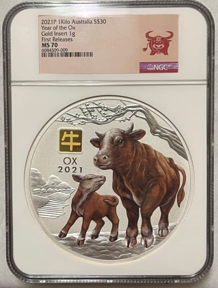 Bullion 2021P AUSTRALIA $30 LUNAR SILVER 1 KILO W 1G GOLD PRIVY YEAR OF OX NGC MS70 RARE