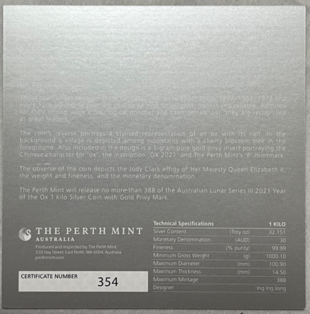Bullion 2021P AUSTRALIA $30 LUNAR SILVER 1 KILO W 1G GOLD PRIVY YEAR OF OX NGC MS70 RARE