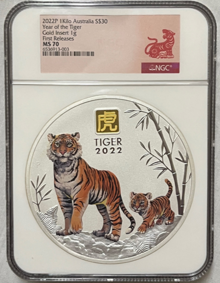 Bullion 2022P AUSTRALIA $30 LUNAR SILVER 1 KILO W/ 1GR GOLD PRIVY YEAR OF TIGER NGC MS70