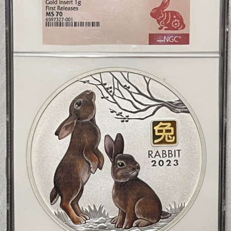 Bullion 2023P AUSTRALIA $30 LUNAR SILVER 1 KILO W 1GR GOLD PRIVY YEAR OF RABBIT NGC MS70