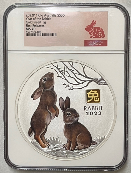 Bullion 2023P AUSTRALIA $30 LUNAR SILVER 1 KILO W 1GR GOLD PRIVY YEAR OF RABBIT NGC MS70