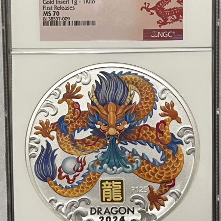 Bullion 2024P AUSTRALIA $30 LUNAR SILVER 1 KILO W 1GR GOLD PRIVY YEAR OF DRAGON NGC MS70