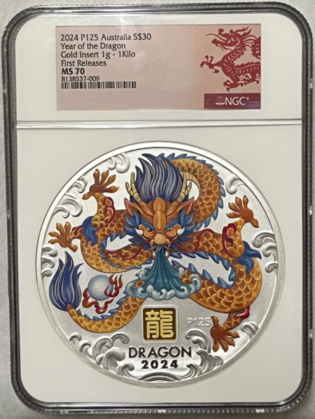 Bullion 2024P AUSTRALIA $30 LUNAR SILVER 1 KILO W 1GR GOLD PRIVY YEAR OF DRAGON NGC MS70
