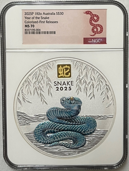 Bullion 2025P AUSTRALIA $30 LUNAR SILVER 1 KILO W/ 1GR GOLD PRIVY YEAR OF SNAKE NGC MS70