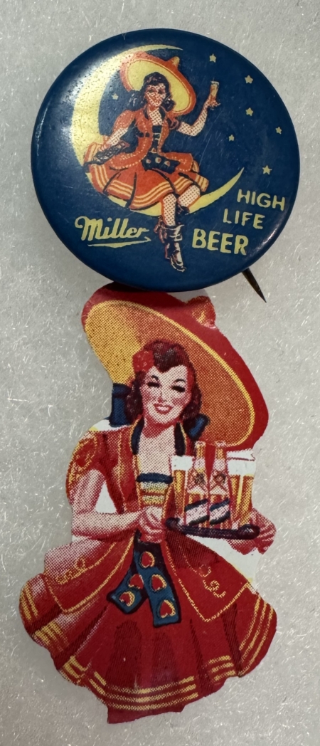 Miscellaneous 1920s 1″ MILLER HIGH LIFE BEER CELLULOID BUTTON & 1 1/2″ HANGER-FULL COLOR-MINT!