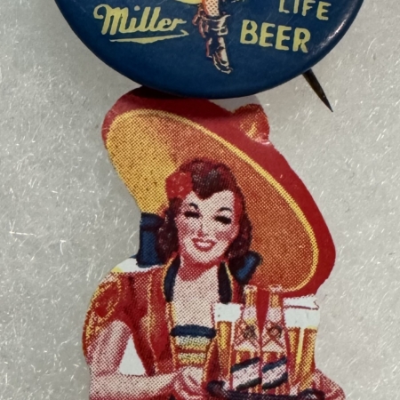 Miscellaneous 1920s 1″ MILLER HIGH LIFE BEER CELLULOID BUTTON & 1 1/2″ HANGER-FULL COLOR-MINT!