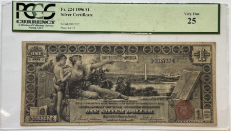 Large Silver Certificates 1896 $1 EDCUATIONAL SILVER CERTIFICATE, FR#224 – PCGS VF-25, NICE ORIGINAL NOTE
