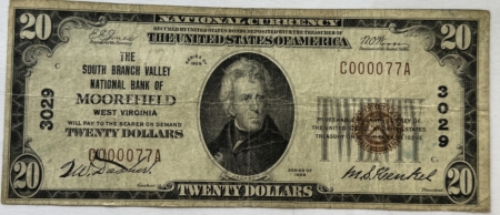 New Store Items 1929 $20 SOUTH BRANCH VALLEY NATIONAL BANK MOOREFIELD, WV, CHTR #3029 FR#1802 VF